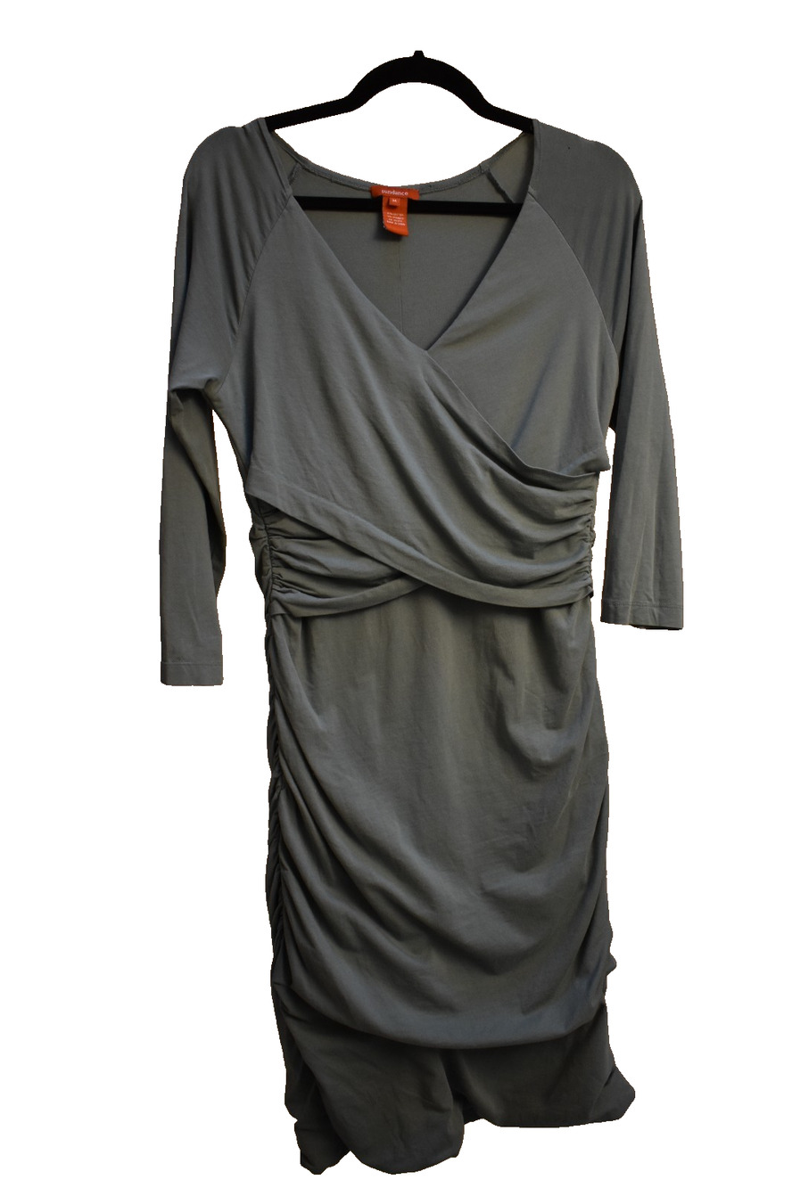Flawed SUNDANCE Dress Sage Green Ruched Wrap V-Neck 3/4 Sleeve -- Women's Medium